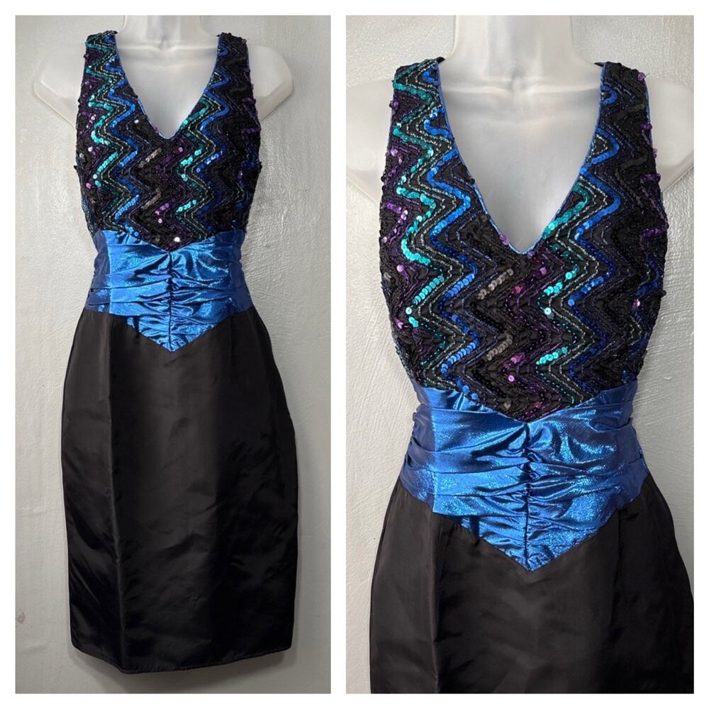 80s Party Sequin Dress Size Medium 8 10 Glam Prom Basque Waist Metallic Blue